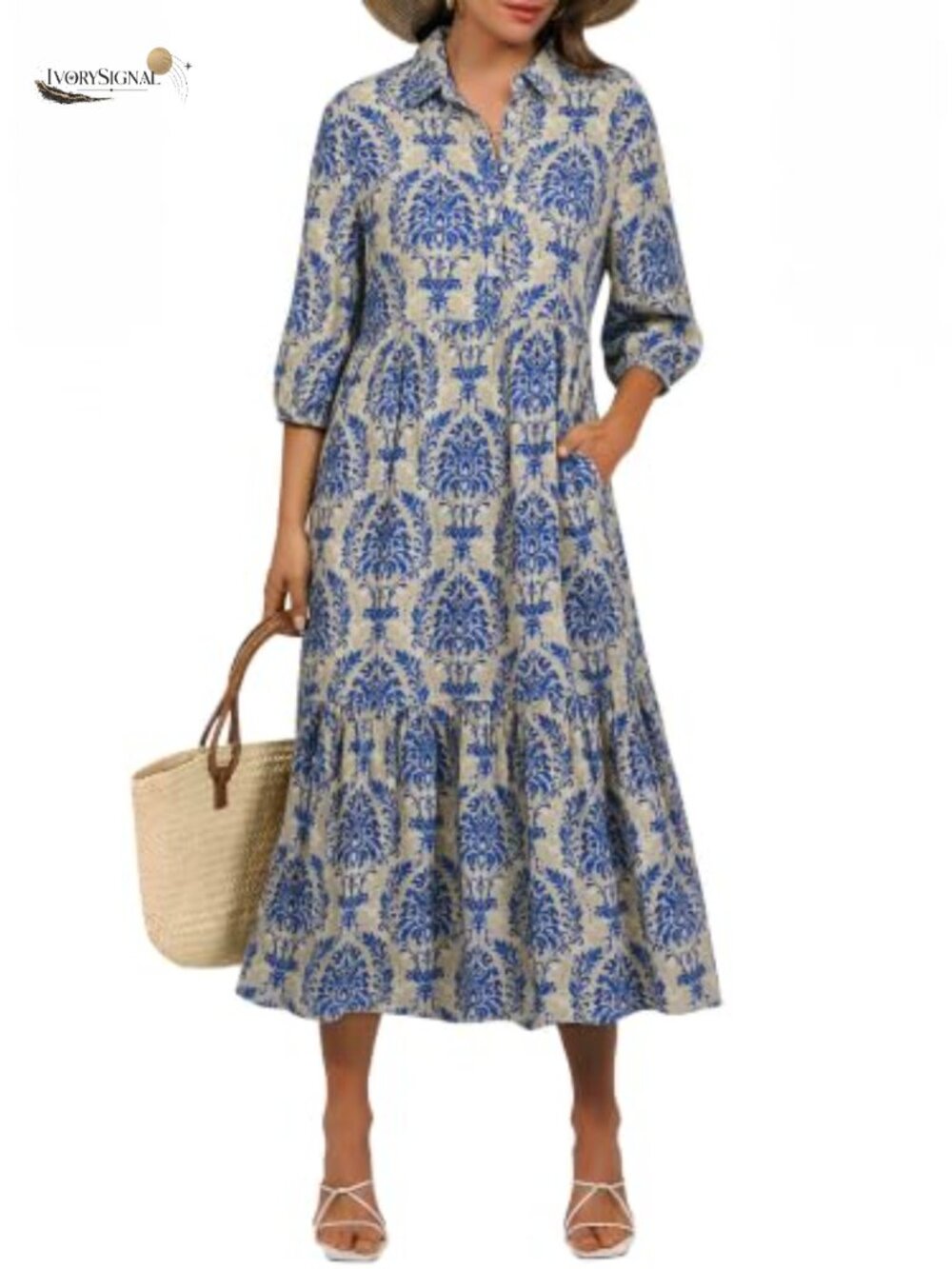 Women Rayon Puff Sleeve Polo Neck Floral Maxi Dress Casual Summer